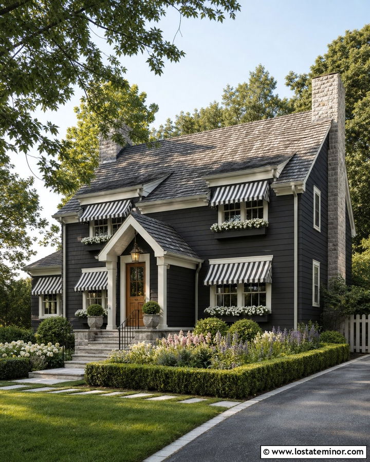 Charcoal Grey House With Cream Striped Awning - 30 Charcoal Grey House Design With Awning Ideas