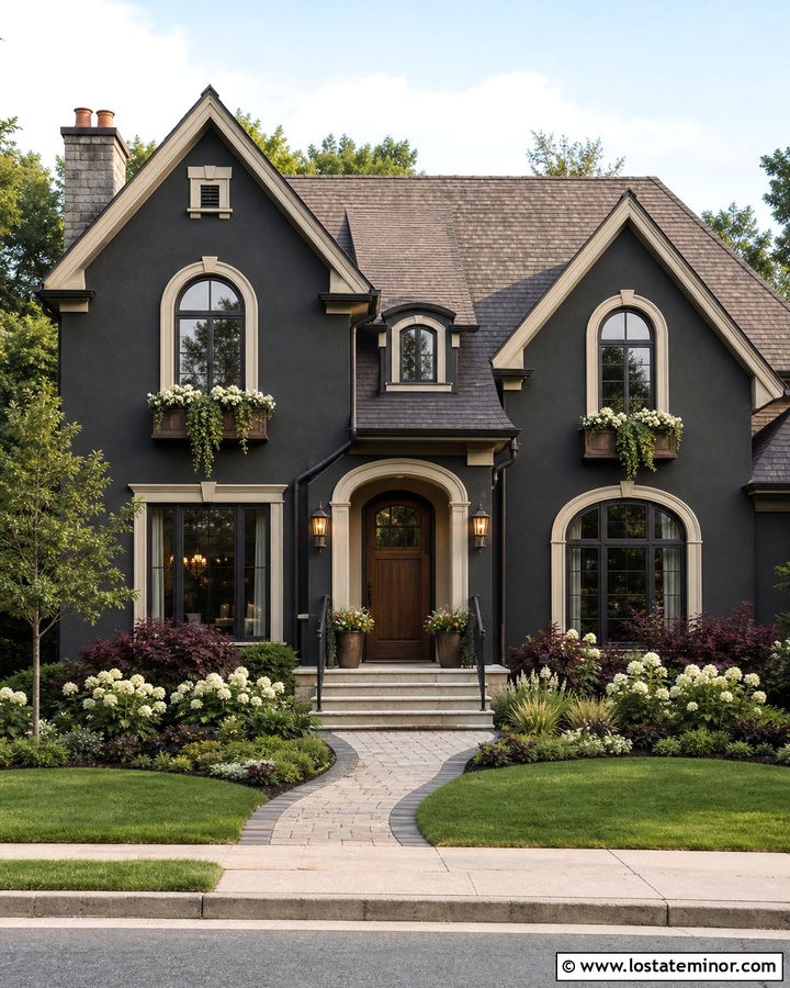 Charcoal Grey House With Cream Trim And Bronze Window Boxes - 30 Charcoal Grey House Design With Window Boxes Ideas