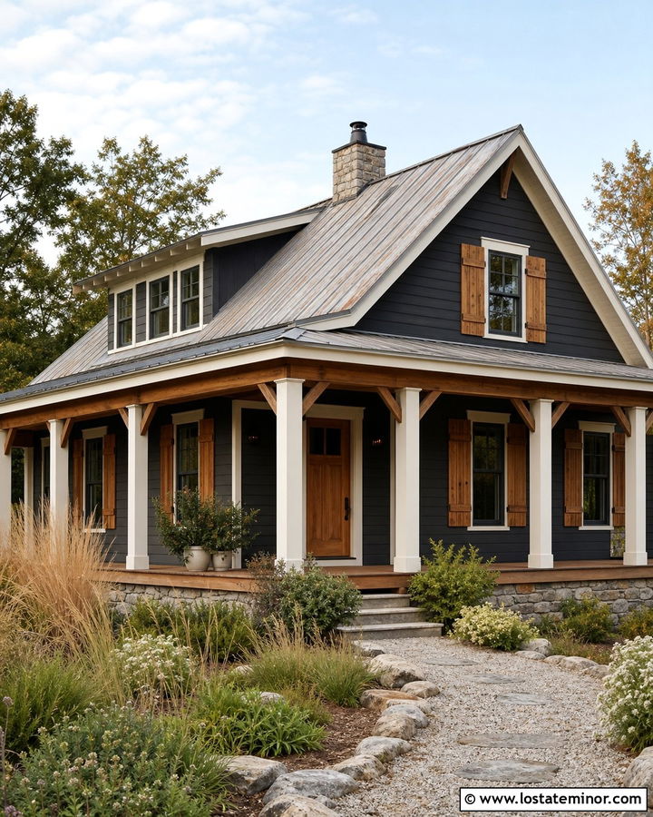 Charcoal Grey House With Cream Trim And Cedar Shutters - 30 Charcoal Grey House Design With Trim Ideas