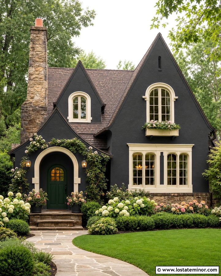 Charcoal Grey House With Cream Trim And Green Door - 30 Charcoal Grey House Design With Trim Ideas