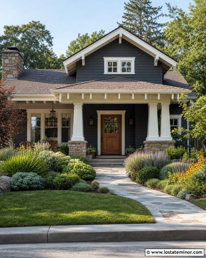 Charcoal Grey House With Cream Trim And Stone Porch - 30 Charcoal Grey House Design With Trim Ideas