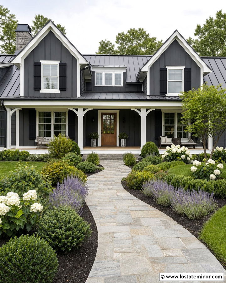 Charcoal Grey House With Curved Stone Walkway - 30 Charcoal Grey House Design With Walkway Ideas