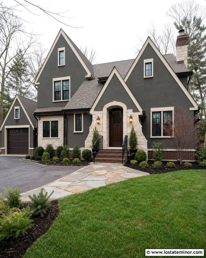 Charcoal Grey House With Dark Brown Entry Door - 30 Charcoal Grey House Design With Entry Door Ideas