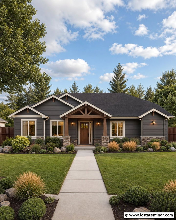 Charcoal Grey House With Dark Brown Wood Fence - 30 Charcoal Grey House Design With Fence Ideas
