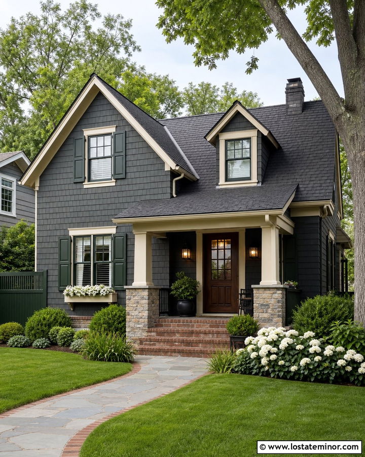 Charcoal Grey House With Dark Green Fence - 30 Charcoal Grey House Design With Fence Ideas
