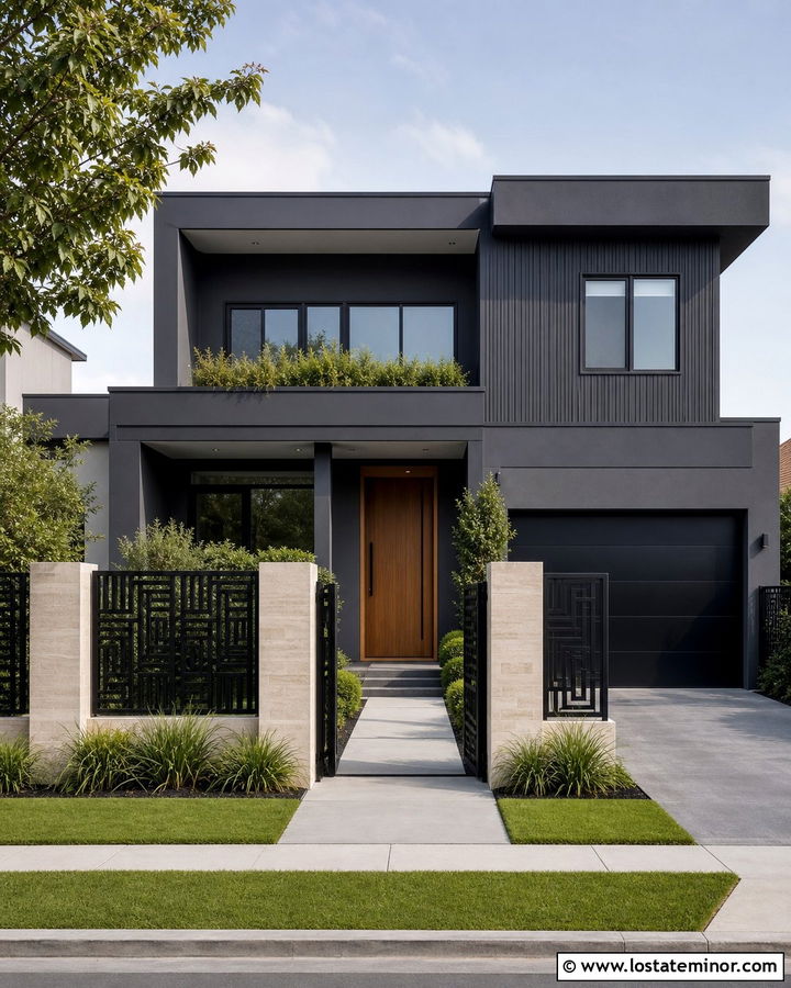 Charcoal Grey House With Decorative Metal Screen Fence - 30 Charcoal Grey House Design With Fence Ideas