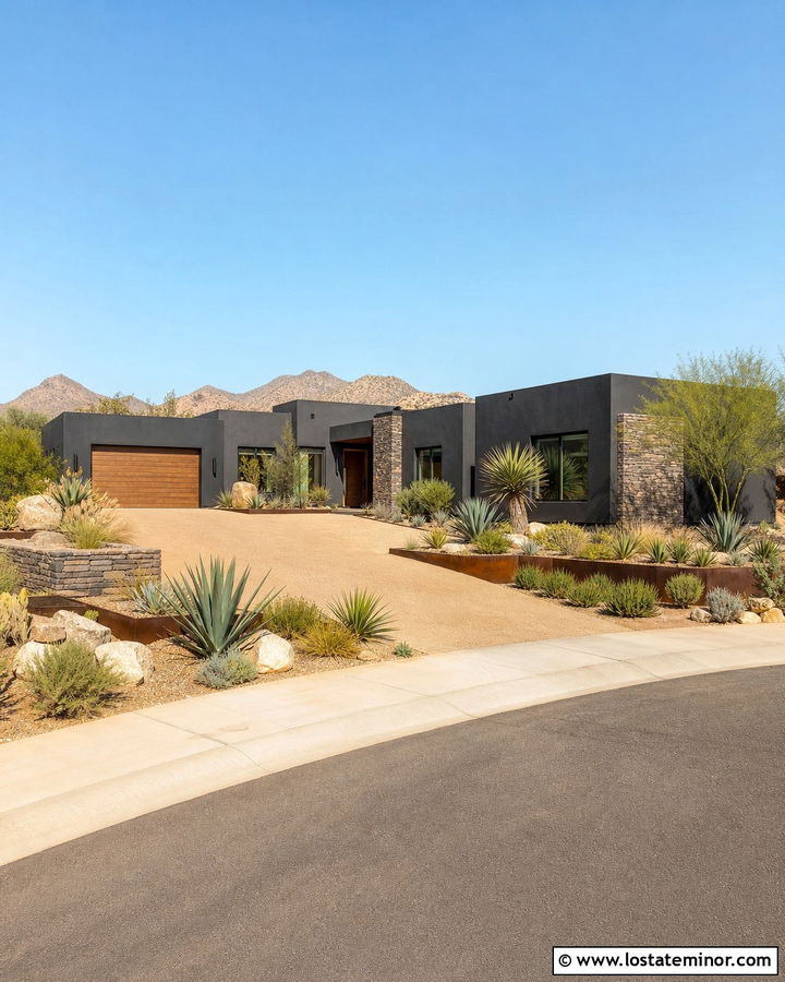 Charcoal Grey House With Desert Driveway - 30 Charcoal Grey House Design With Driveway Ideas
