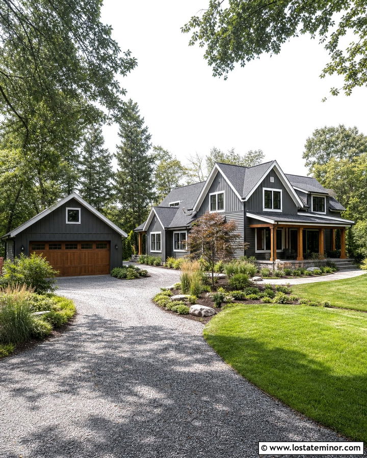 Charcoal Grey House With Detached Garage Driveway - 30 Charcoal Grey House Design With Driveway Ideas