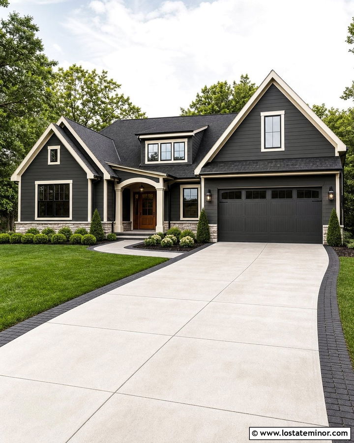 Charcoal Grey House With Driveway Paver Border - 30 Charcoal Grey House Design With Driveway Ideas
