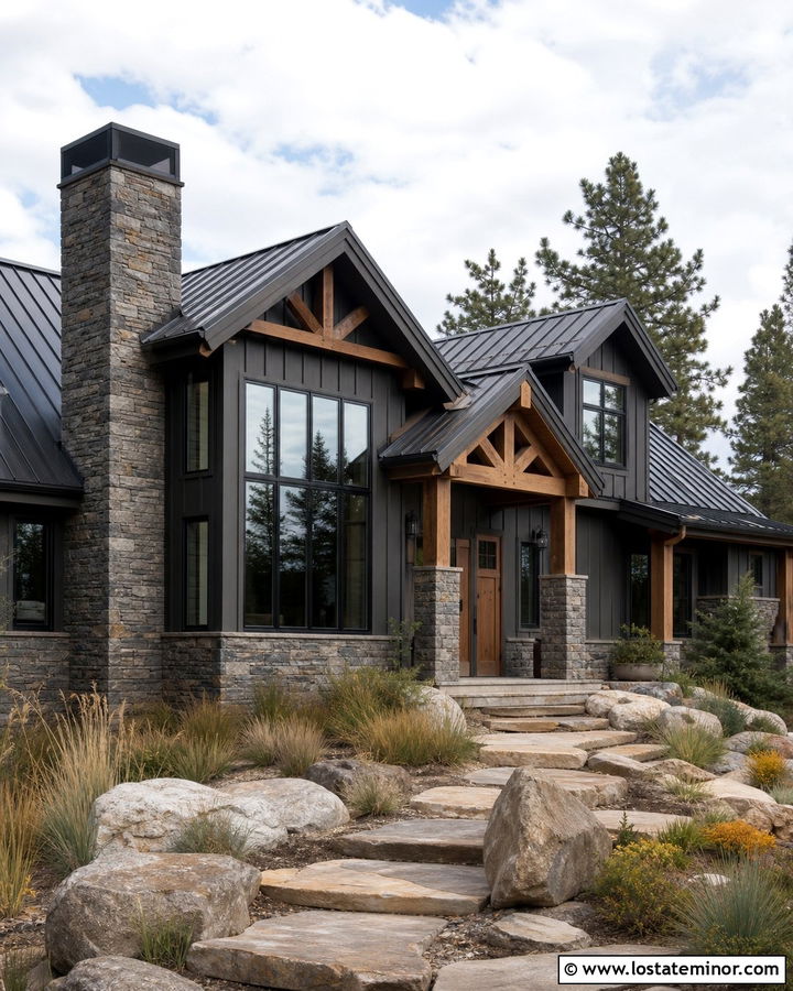 Charcoal Grey House With Dry Stack Stone Wainscoting - 30 Charcoal Grey House Design With Wainscoting Ideas