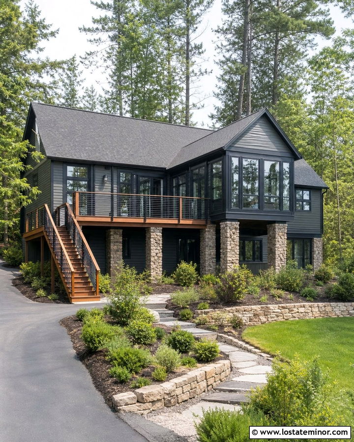 Charcoal Grey House With Elevated Sunroom And Deck - 30 Charcoal Grey House Design With Sunroom Ideas