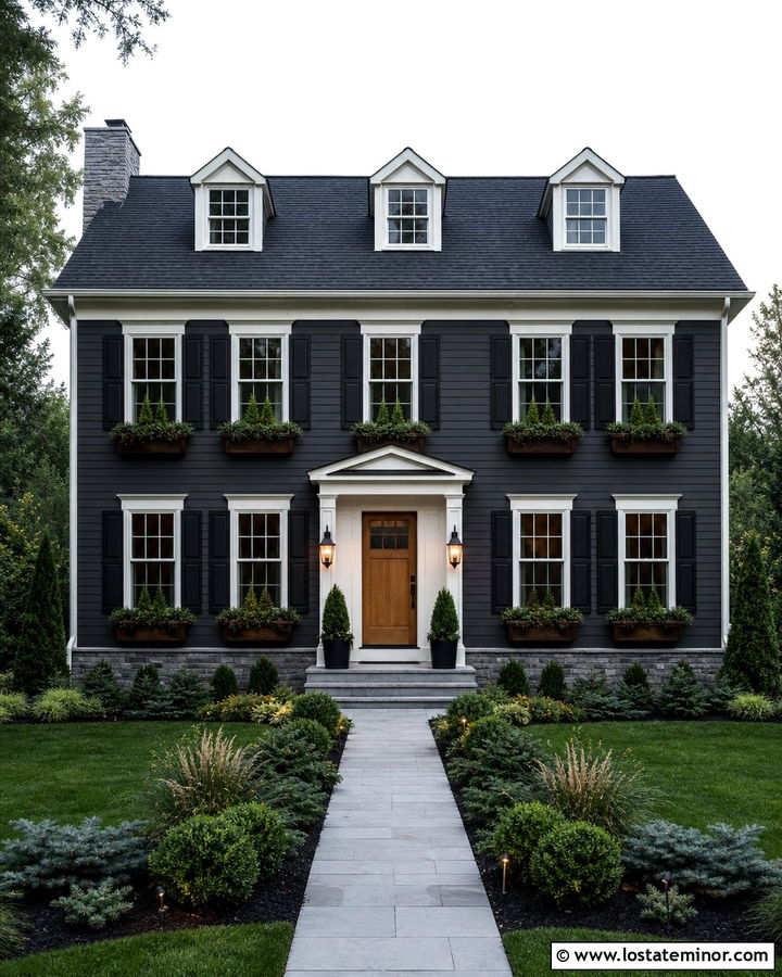 Charcoal Grey House With Evergreen Window Boxes - 30 Charcoal Grey House Design With Window Boxes Ideas