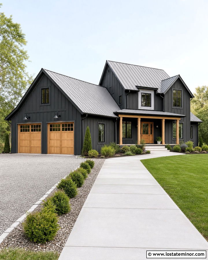 Charcoal Grey House With Farmhouse Gooseneck Lights - 30 Charcoal Grey House Design With Lighting Ideas