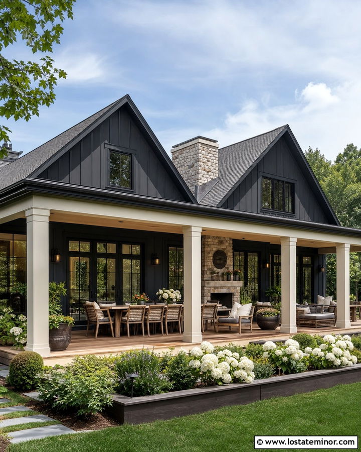 Charcoal Grey House With Farmhouse Porch - 30 Charcoal Grey House Design With Backyard Ideas