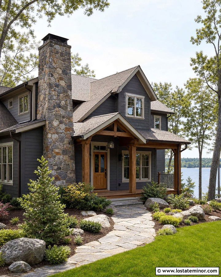 Charcoal Grey House With Fieldstone Chimney - 30 Charcoal Grey House Design With Stone Accents Ideas