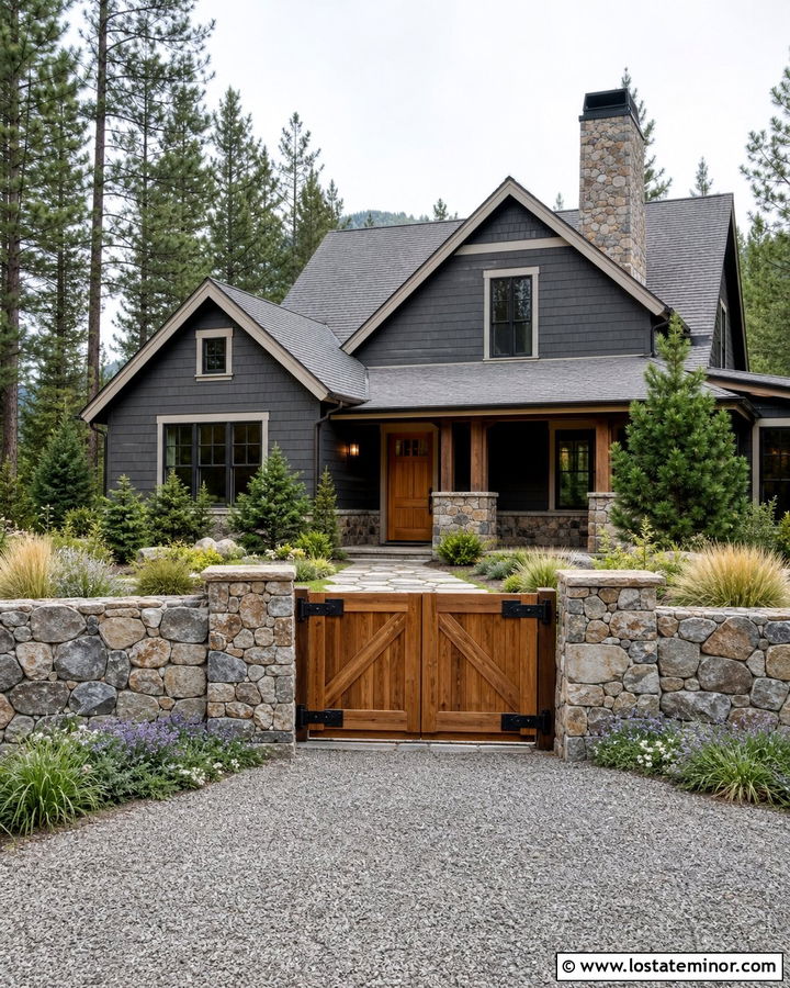 Charcoal Grey House With Fieldstone Wall And Wood Gate - 30 Charcoal Grey House Design With Fence Ideas