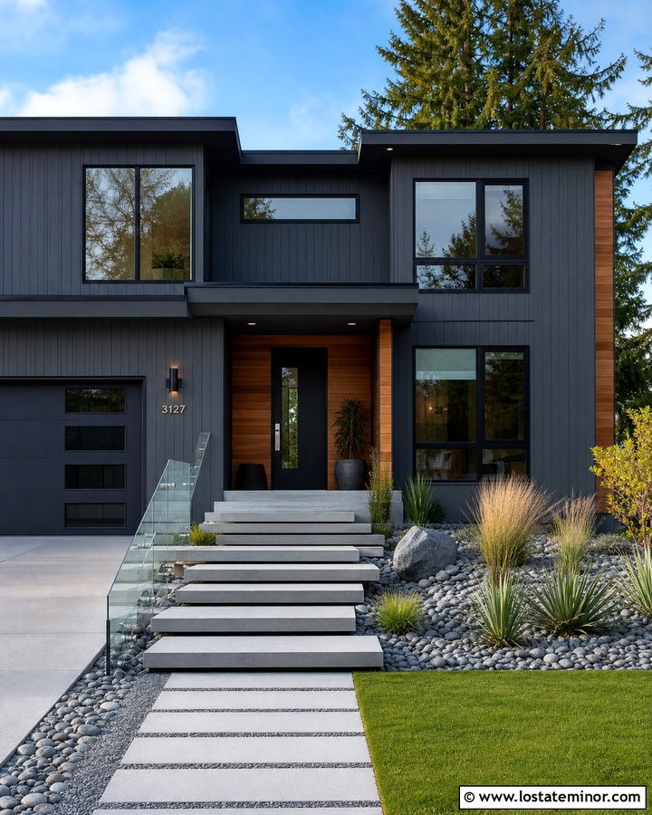 Charcoal Grey House With Floating Concrete Steps - 30 Charcoal Grey House Design With Steps Ideas