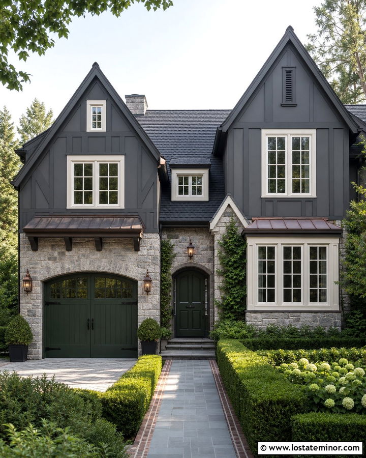 Charcoal Grey House With Forest Green Garage Door - 30 Charcoal Grey House Design With Garage Door Ideas