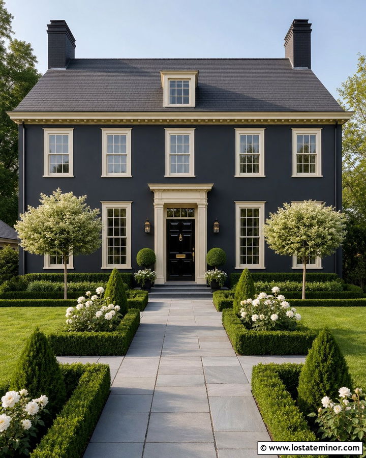 Charcoal Grey House With Formal Front Yard - 30 Charcoal Grey House Design With Front Yard Ideas