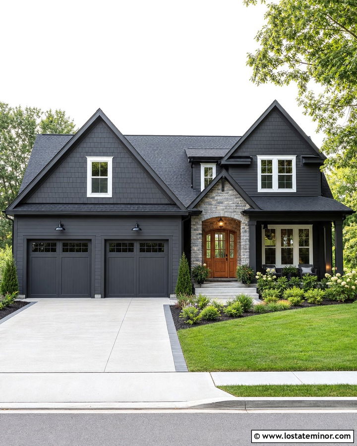 Charcoal Grey House With Front Garage Driveway - 30 Charcoal Grey House Design With Driveway Ideas