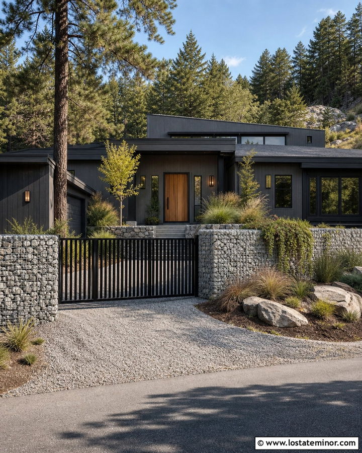 Charcoal Grey House With Gabion Stone Fence - 30 Charcoal Grey House Design With Fence Ideas