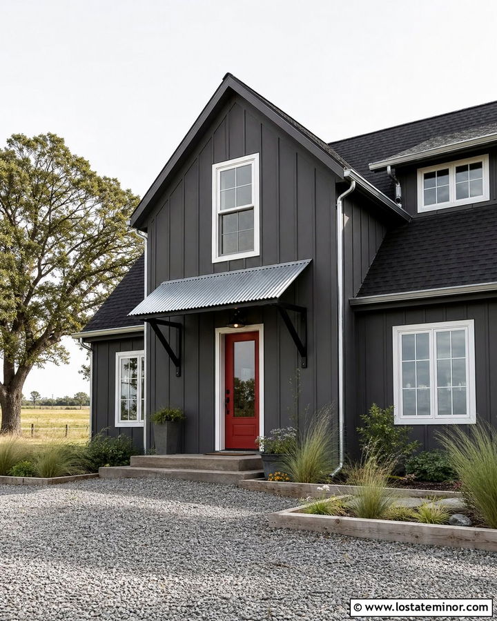 Charcoal Grey House With Galvanized Metal Awning - 30 Charcoal Grey House Design With Awning Ideas