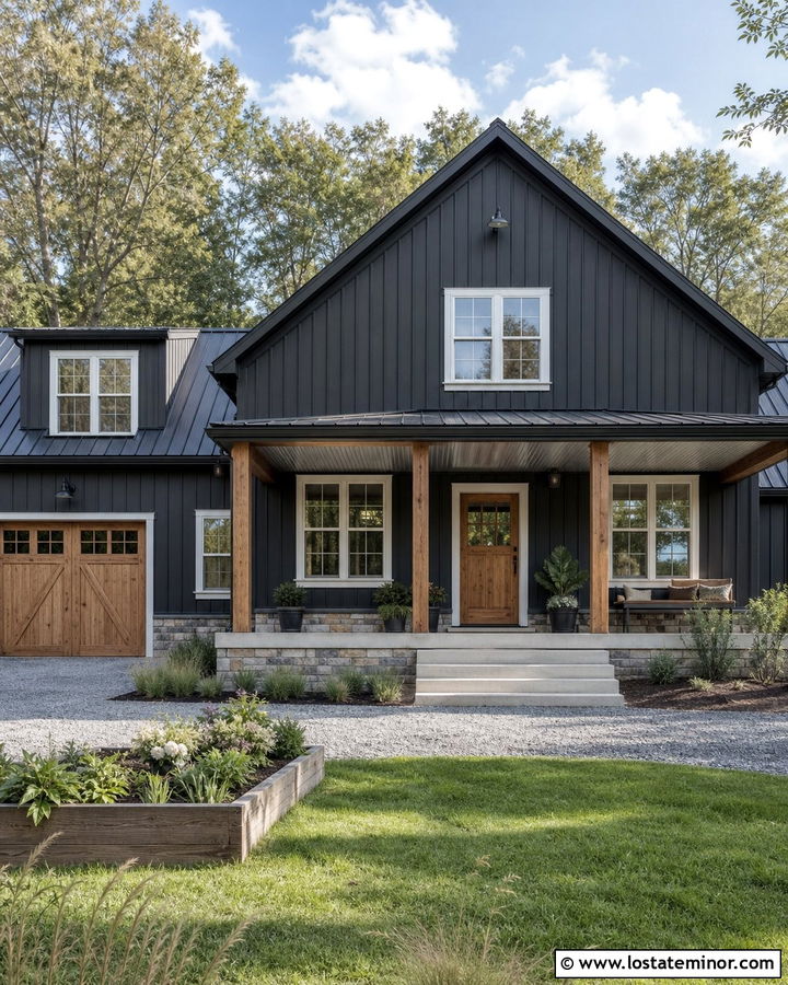 Charcoal Grey House With Galvanized Metal Porch Ceiling - 30 Charcoal Grey House Design With Porch Ceiling Ideas