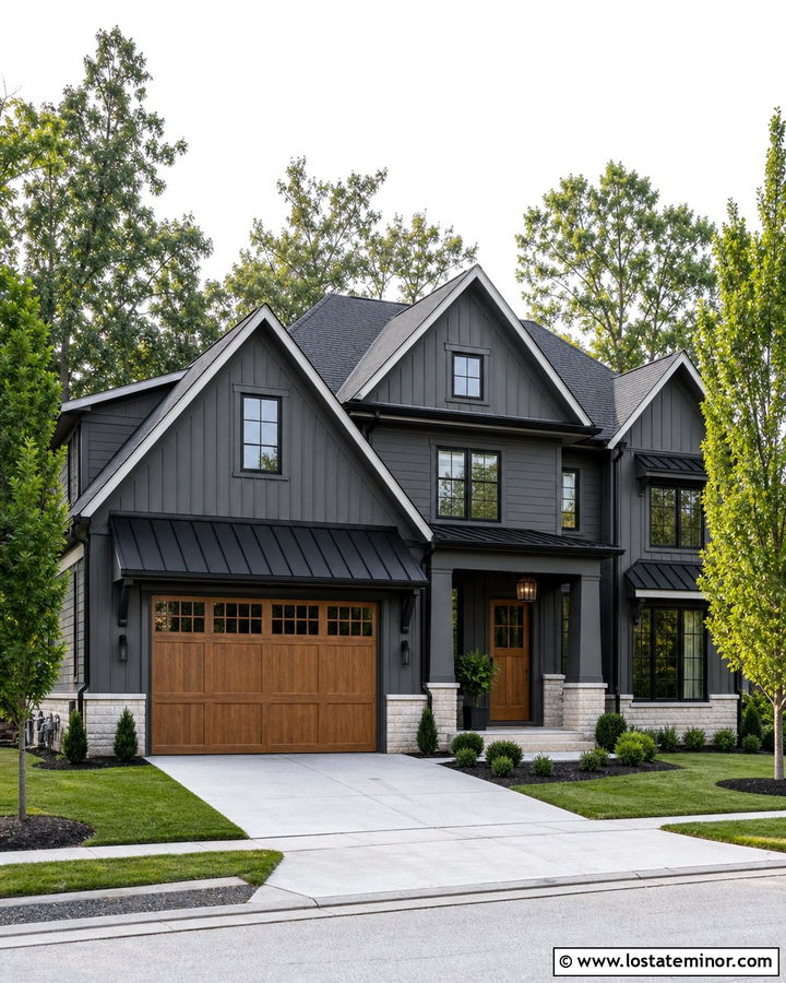 Charcoal Grey House With Garage Door Awning - 30 Charcoal Grey House Design With Awning Ideas