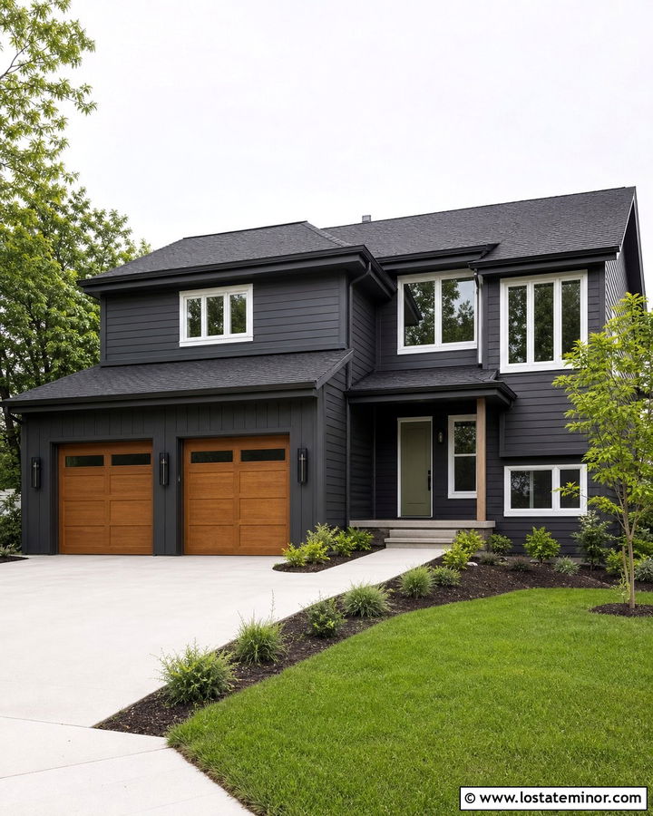 Charcoal Grey House With Garage Door Lighting - 30 Charcoal Grey House Design With Lighting Ideas