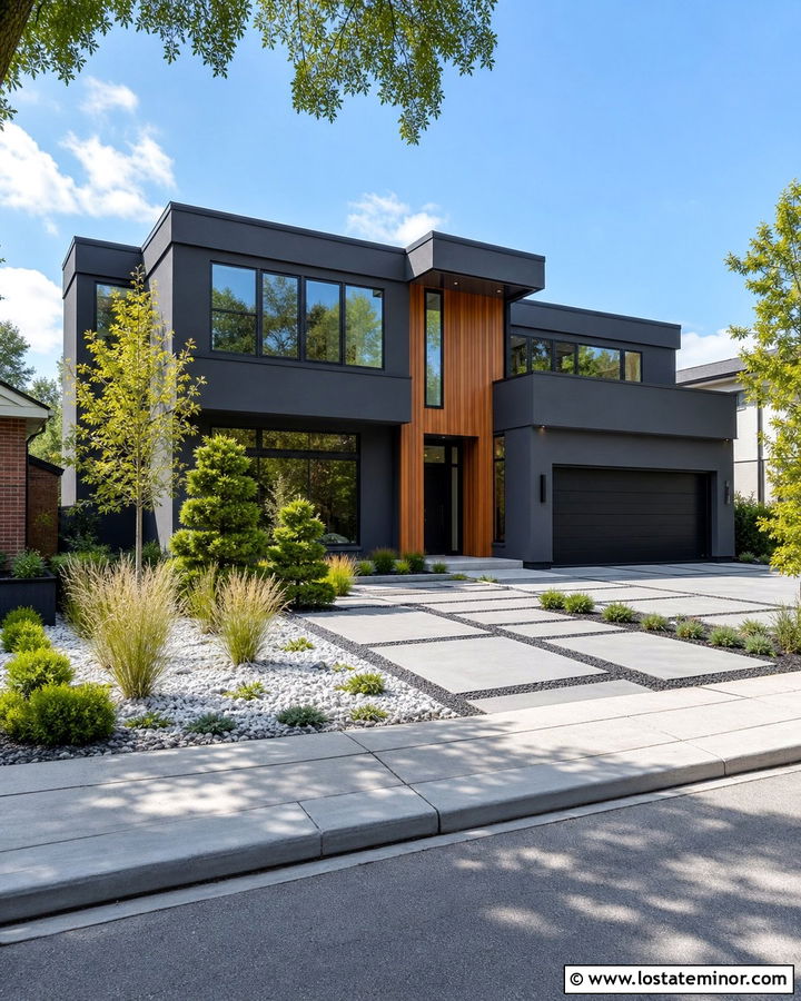 Charcoal Grey House With Geometric Paver Walkway - 30 Charcoal Grey House Design With Walkway Ideas