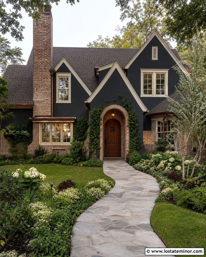 Charcoal Grey House With German Schmear Brick - 30 Charcoal Grey House Design With Brick Accents Ideas