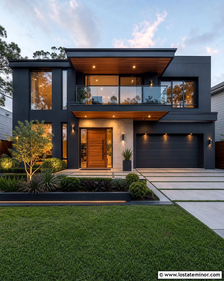 Charcoal Grey House With Glass Balcony Railings - 30 Charcoal Grey House Design With Railings Ideas