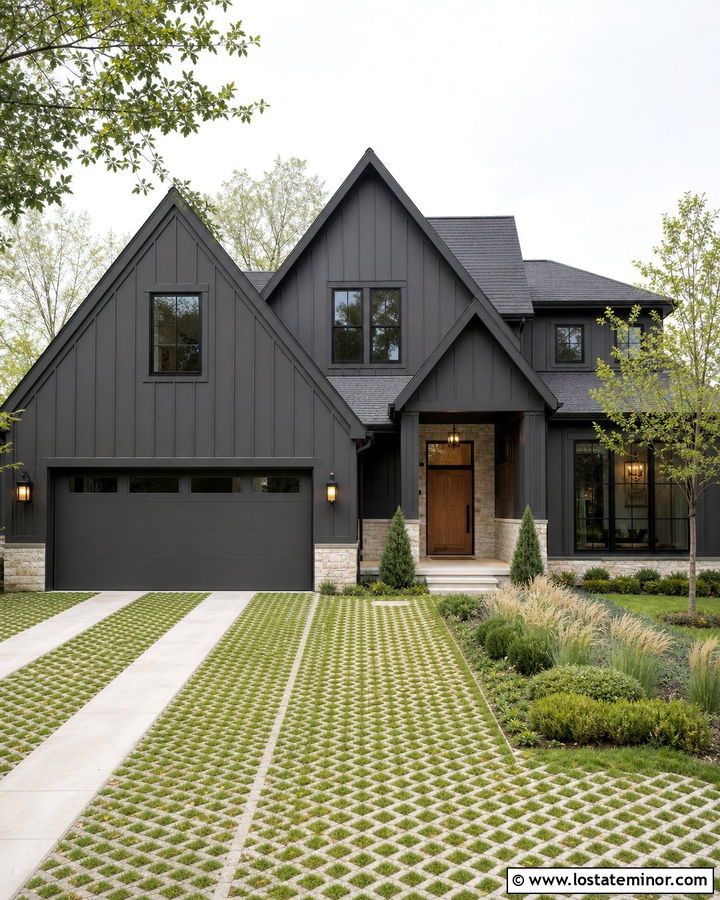 Charcoal Grey House With Grass Grid Driveway - 30 Charcoal Grey House Design With Driveway Ideas