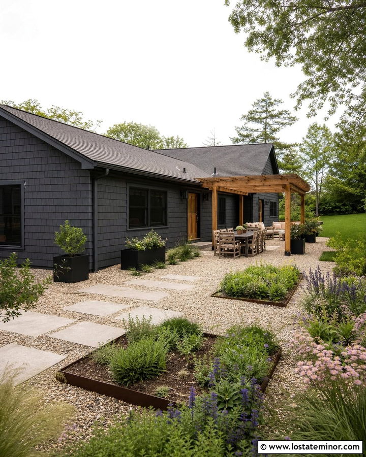 Charcoal Grey House With Gravel Courtyard - 30 Charcoal Grey House Design With Backyard Ideas