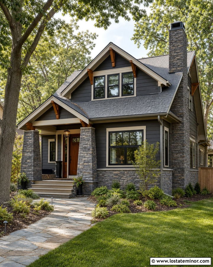Charcoal Grey House With Gray Ledgestone - 30 Charcoal Grey House Design With Stone Accents Ideas
