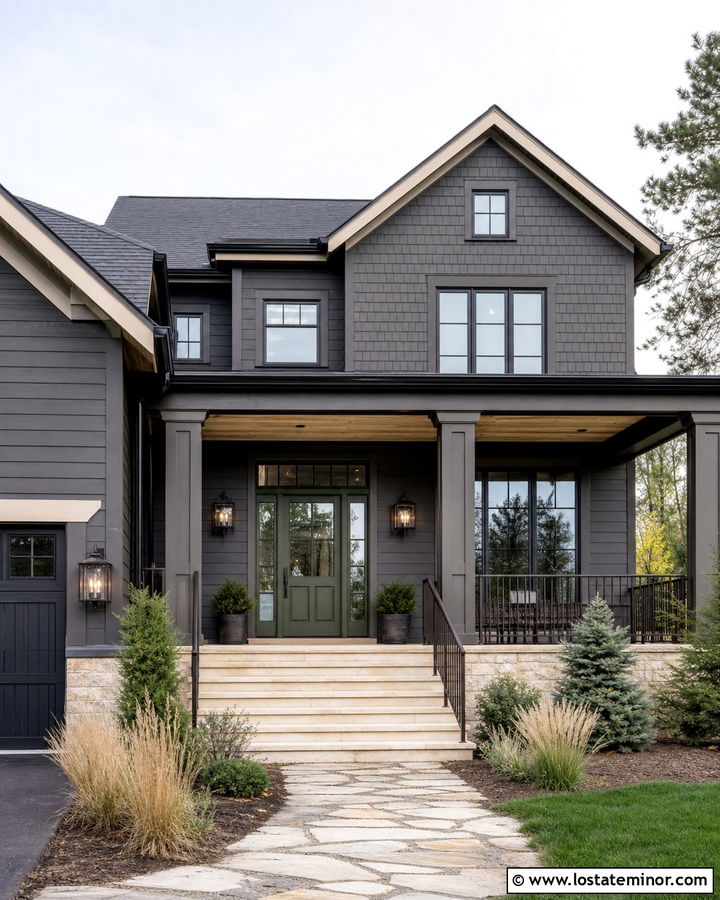 Charcoal Grey House With Green Door And Bronze Railings - 30 Charcoal Grey House Design With Railings Ideas