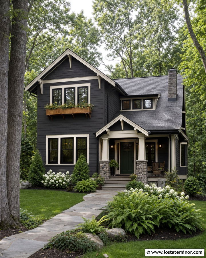 Charcoal Grey House With Green Door And Cedar Window Boxes - 30 Charcoal Grey House Design With Window Boxes Ideas
