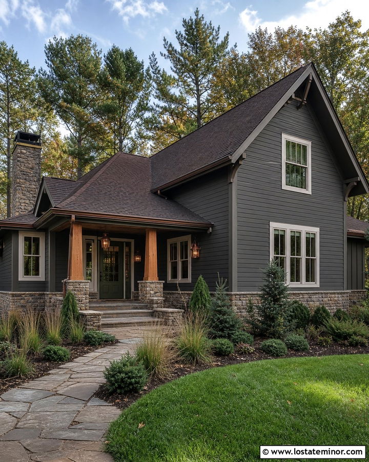 Charcoal Grey House With Green Storm Door And Copper Lights - 30 Charcoal Grey House Design With Storm Door Ideas