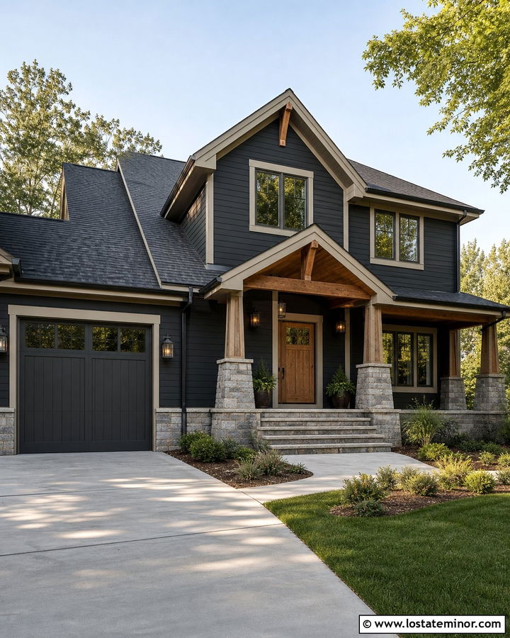 Charcoal Grey House With Greige Trim And Oak Accents - 30 Charcoal Grey House Design With Trim Ideas