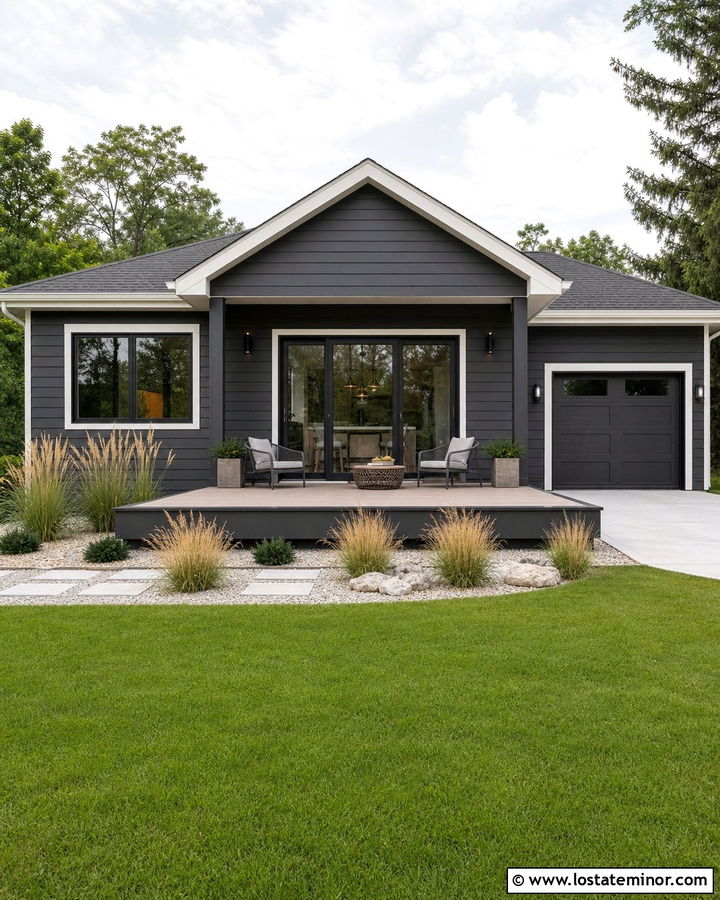 Charcoal Grey House With Ground Level Deck - 30 Charcoal Grey House Design With Deck Ideas