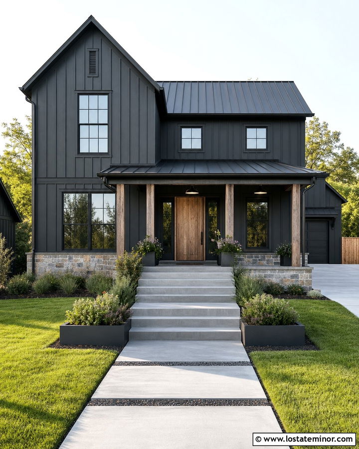 Charcoal Grey House With Industrial Cage Lights - 30 Charcoal Grey House Design With Lighting Ideas