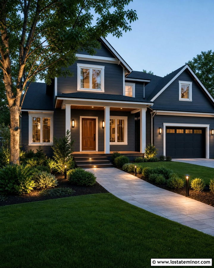 Charcoal Grey House With Integrated Landscape Lighting - 30 Charcoal Grey House Design With Light Fixtures Ideas