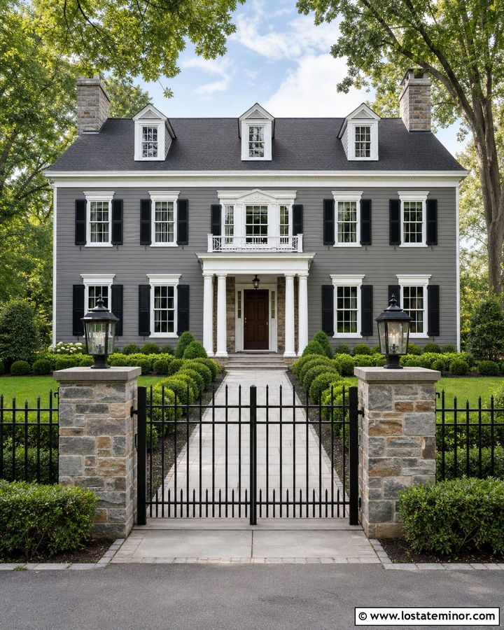 Charcoal Grey House With Iron Fence And Stone Pillars - 30 Charcoal Grey House Design With Fence Ideas