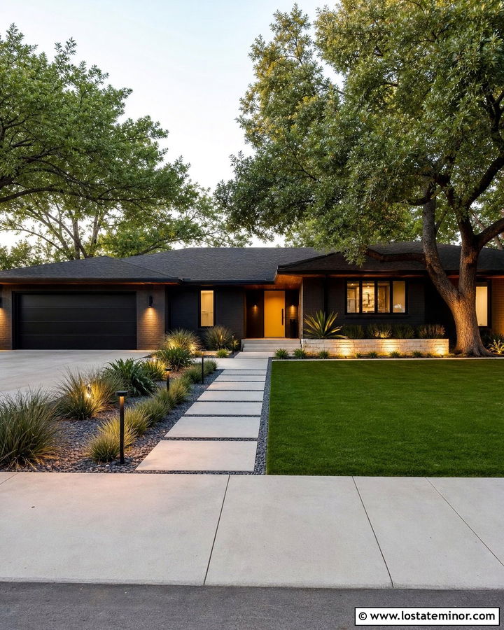 Charcoal Grey House With Landscape Tree Uplighting - 30 Charcoal Grey House Design With Lighting Ideas
