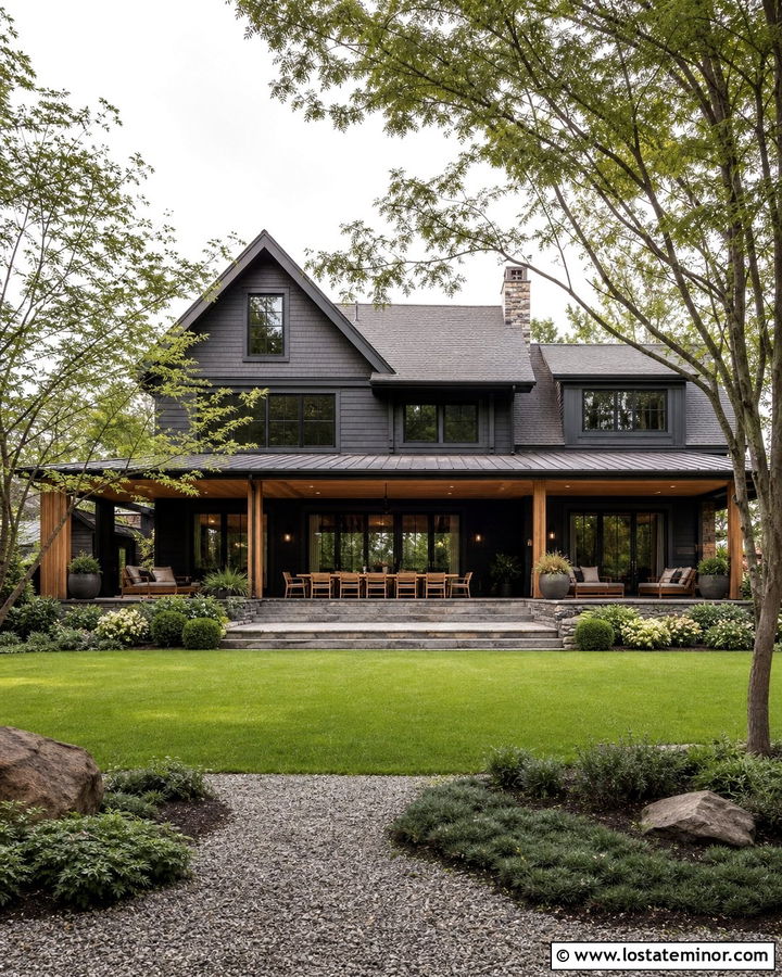 Charcoal Grey House With Large Backyard Lawn - 30 Charcoal Grey House Design With Backyard Ideas