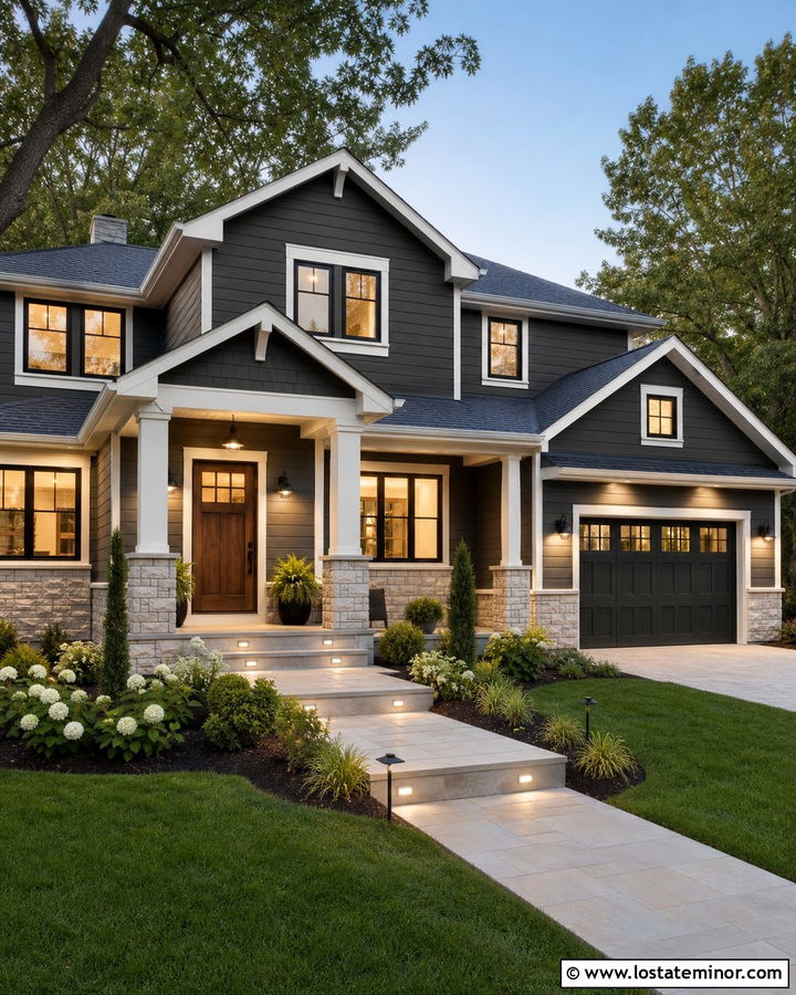 Charcoal Grey House With Layered Exterior Lighting - 30 Charcoal Grey House Design With Lighting Ideas