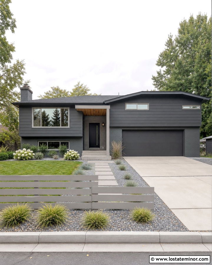Charcoal Grey House With Light Gray Slat Fence - 30 Charcoal Grey House Design With Fence Ideas