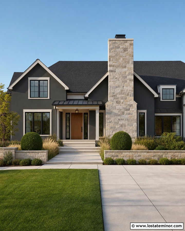 Charcoal Grey House With Light Limestone Chimney - 30 Charcoal Grey House Design With Chimney Ideas