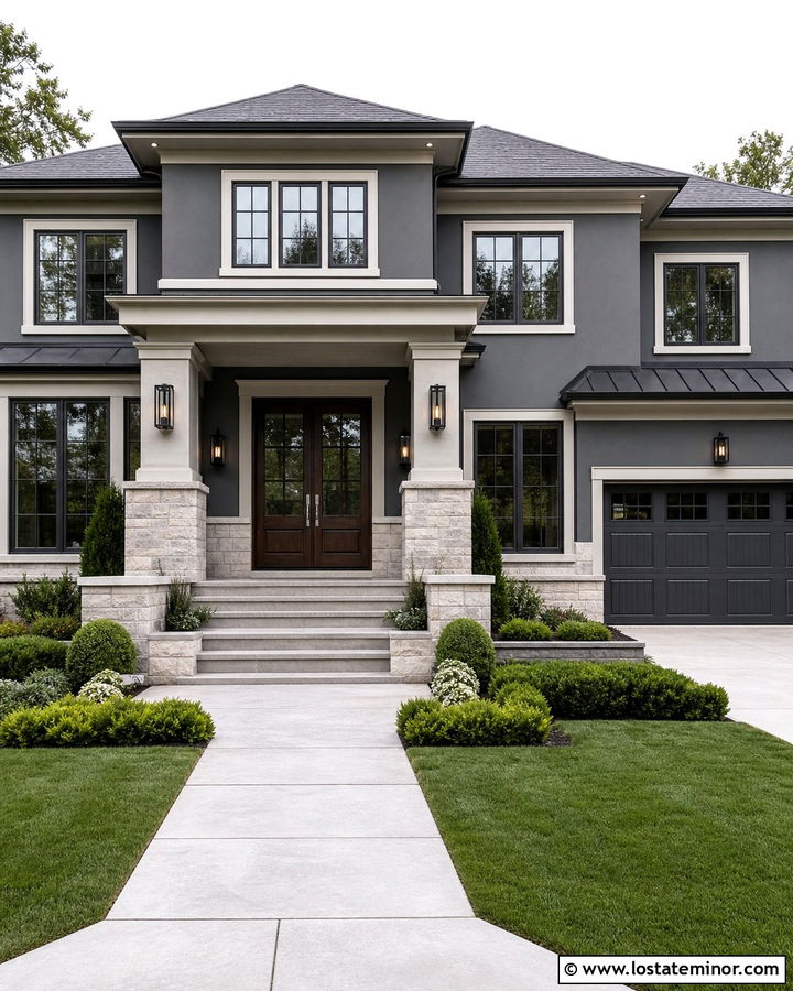 Charcoal Grey House With Limestone Column Wainscoting - 30 Charcoal Grey House Design With Wainscoting Ideas