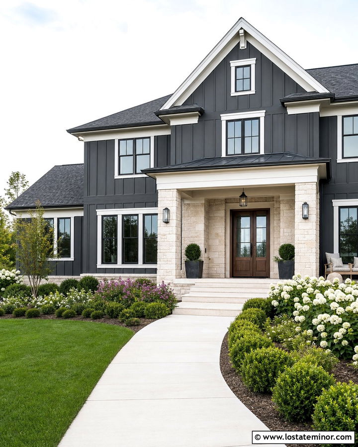 Charcoal Grey House With Limestone Porch - 30 Charcoal Grey House Design With Stone Accents Ideas